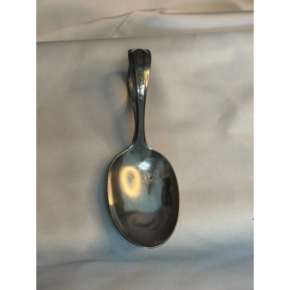 Vintage Oneida Community Silver Plate Loop Handle Baby Spoon Art Deco Pattern
